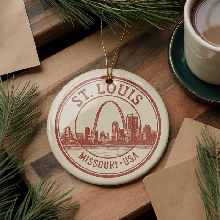 A decorative ornament featuring the St. Louis, Missouri skyline, with the text "St. Louis Missouri - USA" printed on it. The ornament is hanging from a string and is placed on a wooden surface, surrounded by pine branches and a cup of coffee.