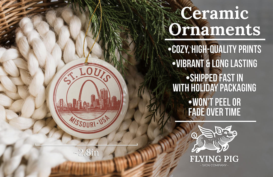 a ceramic ornament hanging from a wicker basket, with a text overlay providing information about the ornament.