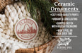 a ceramic ornament hanging from a wicker basket, with a text overlay providing information about the ornament.