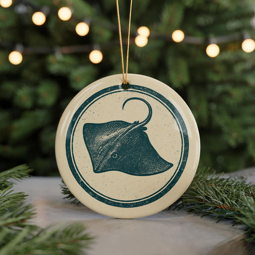 A round ceramic ornament with a blue and white design featuring a stingray or ray, hanging from a string and placed on a surface with pine branches in the background.
