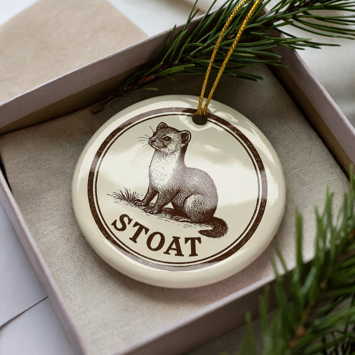 A ceramic ornament in a box, featuring a small illustration of a ferret.