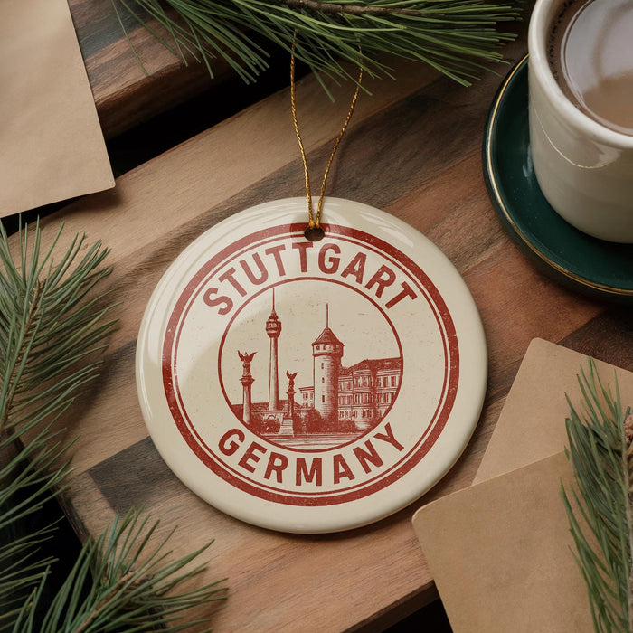A circular ornament with the text "STUTTGART GERMANY" is displayed on a wooden surface, surrounded by pine branches and a cup of coffee.