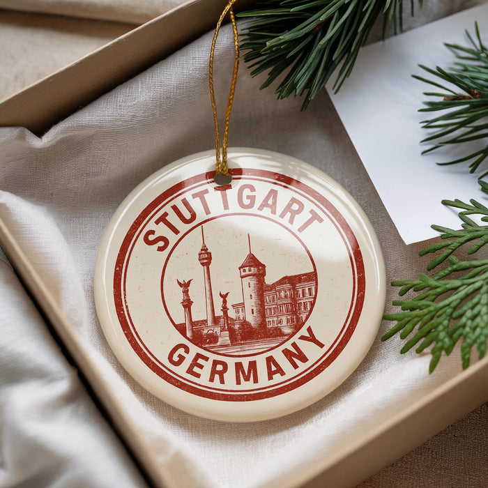 A circular ornament with the text "STUTTGART GERMANY" printed on it, hanging from a string.