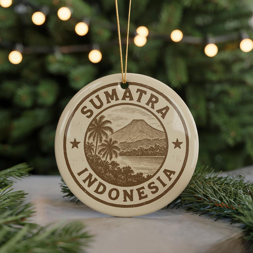 A round ornament with the text "SUMATRA INDONESIA" and a palm tree illustration, hanging from a string against a background of Christmas lights and greenery.
