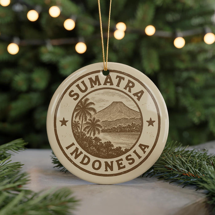 A round ornament with the text "SUMATRA INDONESIA" and a palm tree illustration, hanging from a string against a background of Christmas lights and greenery.