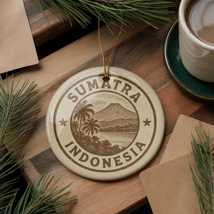 a decorative ornament with the text "SUMATRA INDONESIA" on it, surrounded by pine branches and a cup of coffee on a wooden surface.