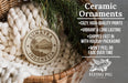 Ceramic ornaments, specifically SUMATRA ornaments, are displayed in a basket with pine branches. The text highlights the features of the ceramic ornaments, such as their coziness, high-quality prints, vibrant and long-lasting, fast shipping, and the fact that they won't peel or fade over time.