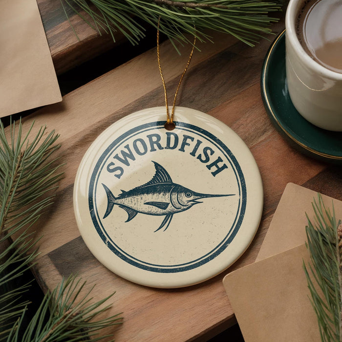 a round ornament with a swordfish design, placed on a wooden surface alongside a cup of coffee and some pine branches.