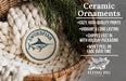 Ceramic ornaments, featuring a swordfish design, are displayed in a woven basket.