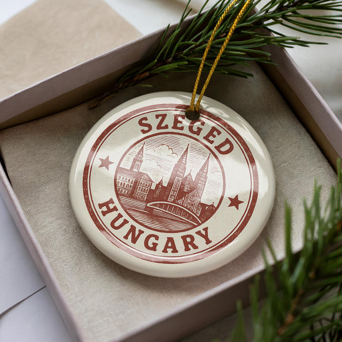 A circular ornament with the text "SZEGED HUNGARY" printed on it, surrounded by pine branches.