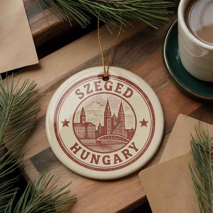 A circular ornament with the text "SZEGED HUNGARY" and an illustration of a city skyline hangs on a wooden surface, surrounded by pine branches and a cup of coffee.