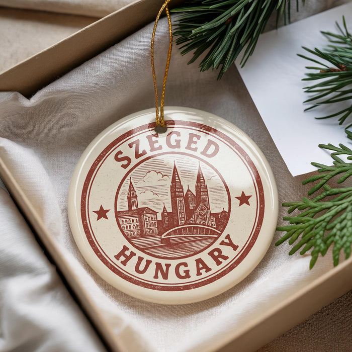 A circular ornament with the text "SZEGED HUNGARY" and an illustration of a city skyline, hanging from a string.