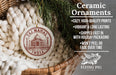 a ceramic ornament with the Taj Mahal in India design, hanging from a wicker basket. The ornament is described as a " Ceramic Ornaments" and is described as "COZY, HIGH-QUALITY PRINTS", "VIBANT & LONG LASTING", "SHIPPED FAST IN WITH HOLIDAY PACKAGING", and "WON'T EEL OR FADE OVER TIME". The image also includes a scale indicating the ornament's size, with the text "2.8in" and a logo for "FLYING PIG - SIGN COMPANY".