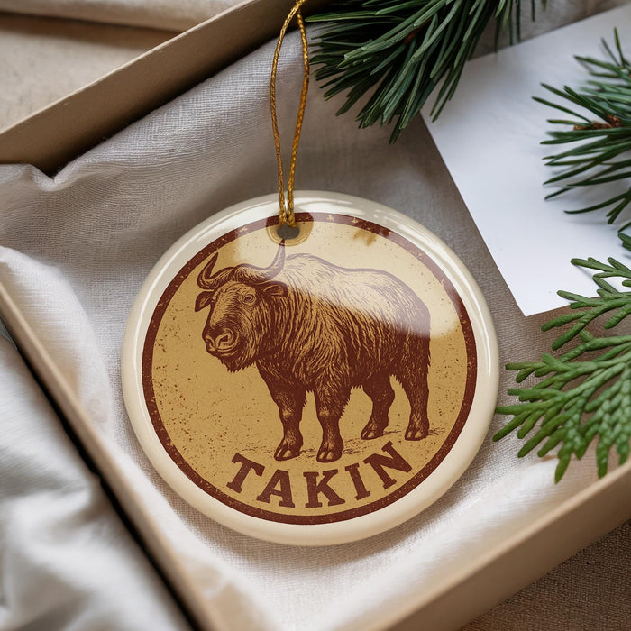 A circular ornament with a brown buffalo illustration and the word "Takin" printed on it, hanging from a string.