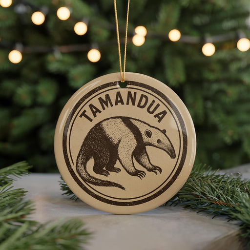 A circular ornament with the word "TAMANDU" and an illustration of a tamandua, a type of rodent, is hanging from a string.