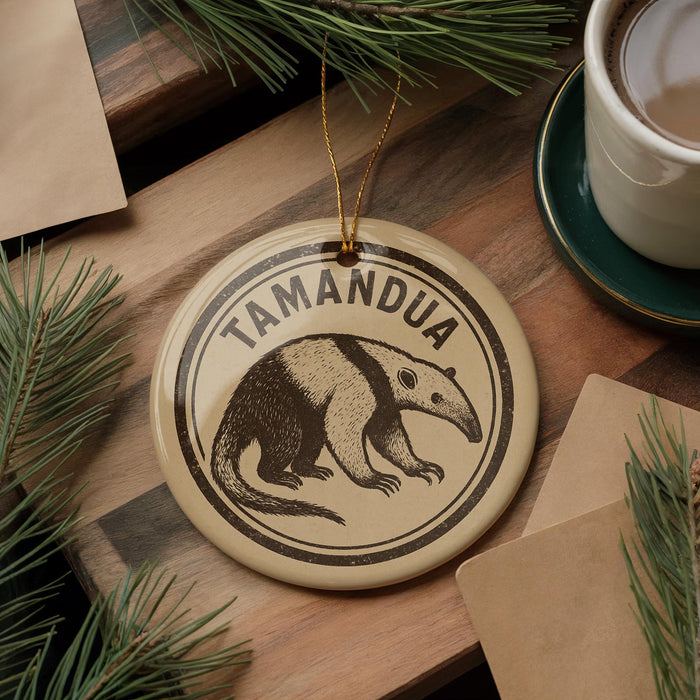 A circular ornament featuring a graphic of a Tamandua, a type of rodent, is displayed on a wooden surface alongside a cup of coffee and some pine branches.