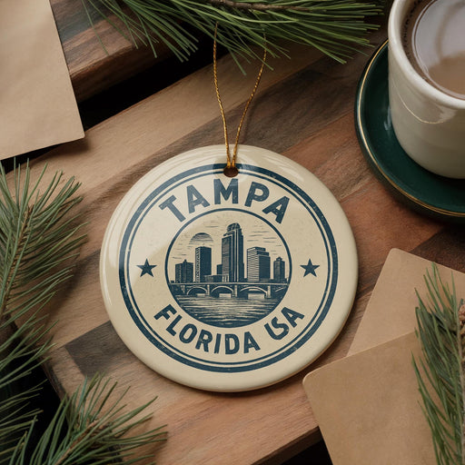 A circular ornament with the text "TAMPA FLORIDA USA" and a graphic of a city skyline, hanging on a wooden surface.