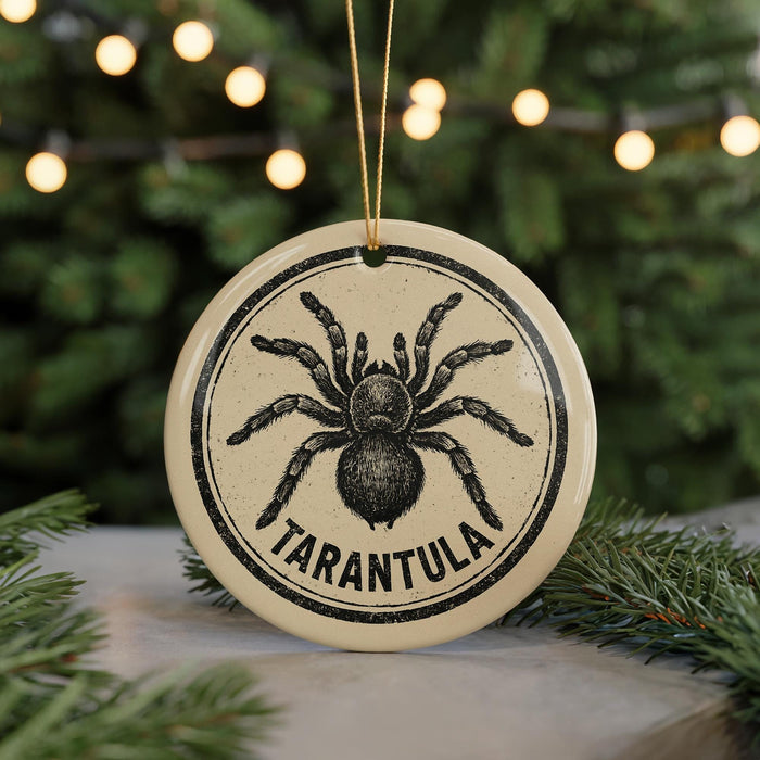 A round ornament with a black and white illustration of a tarantula on it, surrounded by a string of lights.