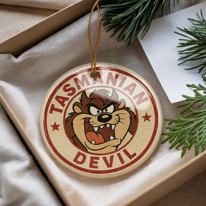 A circular ornament with a cartoon image of a Tasmanian Devil character and the text "TASMANIAN DEVIL" printed on it.