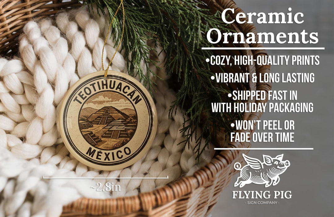 a ceramic ornament hanging from a wicker basket, with a text overlay providing information about the ornament.