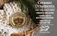 a ceramic ornament hanging from a wicker basket, with a text overlay providing information about the ornament.