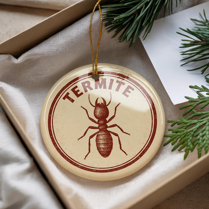 A round ornament with the word "TERMITE" printed on it, featuring a detailed illustration of a termite.