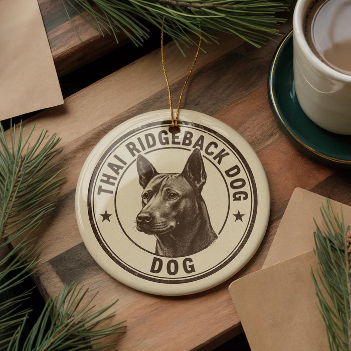 A circular ornament featuring a dog's head and the text "THAI RIDGEBACK DOG DOG" is displayed on a wooden surface, surrounded by pine branches and a cup of coffee.
