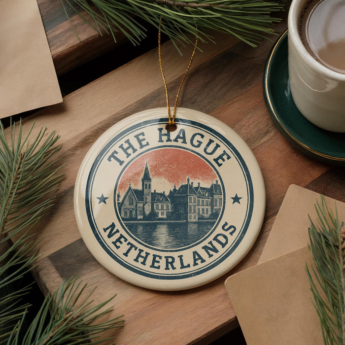 A decorative ornament with the text "THE RAGUE NETHERLANDS" and an illustration of a cityscape, placed on a wooden surface alongside a cup of coffee and pine branches.