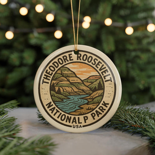 A circular ornament with the text "THEODORE ROOSEVELT NATIONAL PARK USA" and an illustration of a mountain landscape.