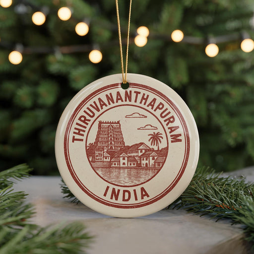 A circular ornament with the text "THIRUVANANTHAPURAM INDIA" printed on it, featuring an illustration of a temple and palm trees.