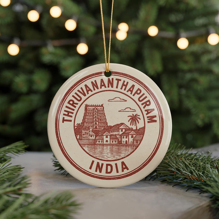 A circular ornament with the text "THIRUVANANTHAPURAM INDIA" printed on it, featuring an illustration of a temple and palm trees.