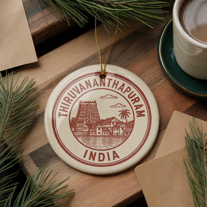 A circular ornament with the text "THIRUVANANTHAPURAM INDIA" printed on it, surrounded by pine branches and a cup of coffee on a wooden surface.