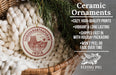 Ceramic ornaments, featuring a design of a temple and the text "Thiruvannathanapuram, India" on a circular ornament, are displayed in a woven basket.
