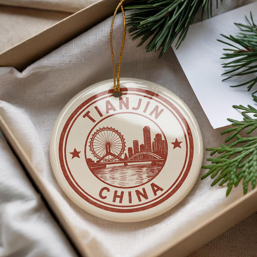 A decorative ornament with the text "TIANJIN CHINA" and a graphic of a ferris wheel is displayed in a box, surrounded by pine branches.