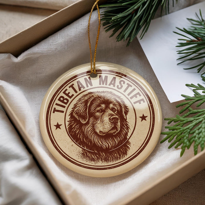 A Tibetan Mastiff ornament is displayed in a box, surrounded by pine branches.