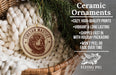 Ceramic ornaments, featuring a Tibetan Mastiff dog, are displayed in a wicker basket. The text highlights the ornaments as "Ceramic Ornaments" and mentions their features such as "Cozy, high-quality prints", "Vibrant & long lasting", "Shipped fast in with holiday packaging", and " Won't peel or fade over time". The image also includes a scale for size comparison and the logo of "Flying Pig - SIGN COMPANY".