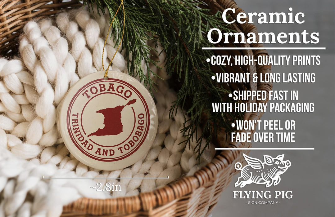 a ceramic ornament hanging from a wicker basket, with a text overlay providing information about the ornament.