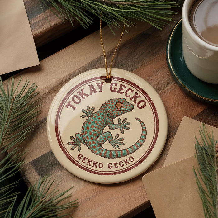 A round ornament featuring a gecko, with the text "Tokay Gecko" and "Gekko Gecko" printed on it, is displayed on a wooden surface alongside a cup of coffee and some pine branches.