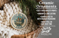 Ceramic ornaments, specifically a round ornament with a mountain landscape design, are displayed in a woven basket.