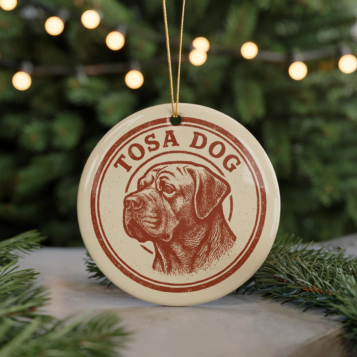 A round ornament with a red and white design featuring a dog's head, hanging from a string.