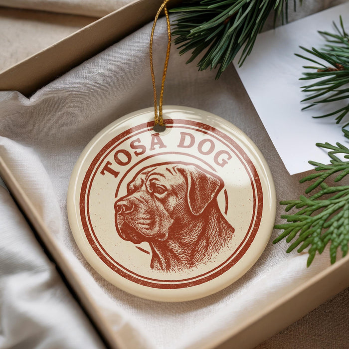 A round ornament with a dog's head and the text "TOSA DOG" is displayed in a box, surrounded by pine branches.