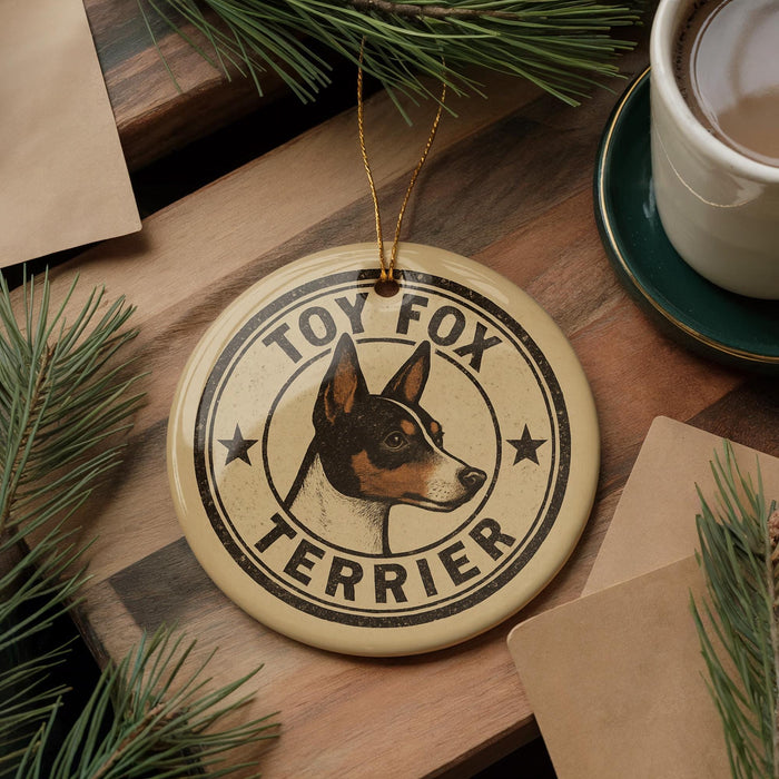 A round ornament featuring a toy fox terrier dog is displayed on a wooden surface, surrounded by pine branches and a cup of coffee.