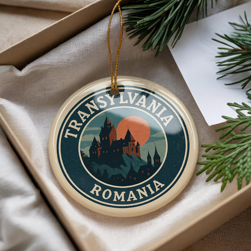 A circular ornament with the text "TRANSYLVANIA ROMANIA" and an illustration of a castle on a hill, hanging from a string.