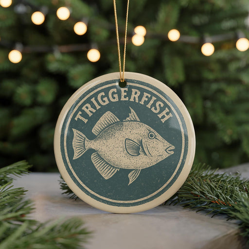 A circular ornament with the word "TRIGGERFISH" printed on it, featuring a fish illustration. The ornament is hanging from a string, and there are pine branches and lights in the background.
