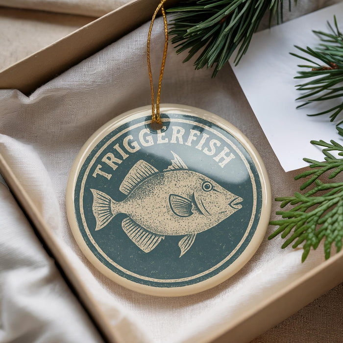 A round ornament with a fish design, hanging from a string, placed inside a box with pine branches.