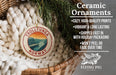 Ceramic ornaments, specifically a ceramic ornament with the text "Trolltunga Norway" and a wicker basket with pine branches and greenery.