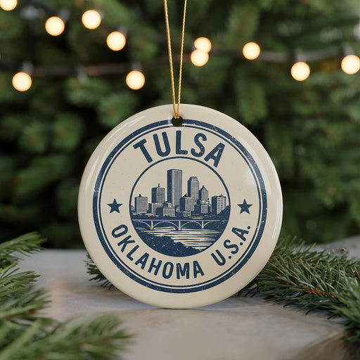 A circular ornament with the text "TULSA OKLAHOMA U.S.A." and a graphic of a city skyline.