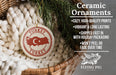 Ceramic ornaments, including a Turkey ornaments, are displayed in a basket with a pine branch.