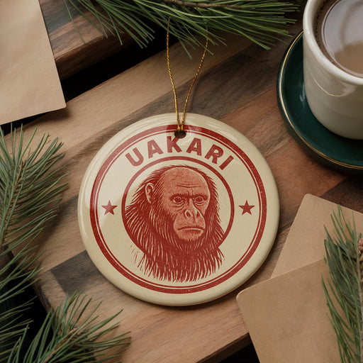 A circular ornament featuring a monkey's face is displayed on a wooden surface, surrounded by pine branches and a cup of coffee.