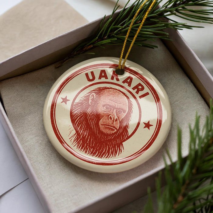 A circular ornament with a red and white design featuring a monkey's face, placed inside a box with pine branches.